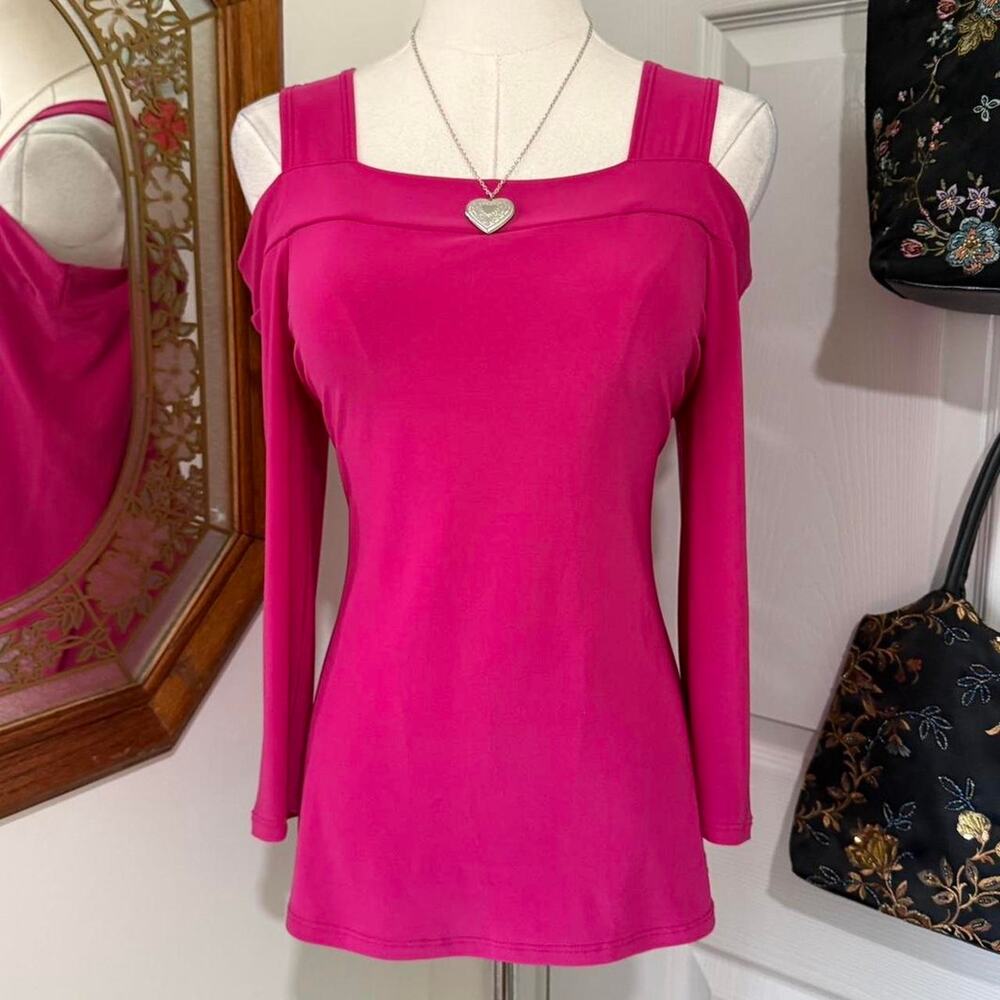 Clara Sun Woo Hot Pink Cold Shoulder Mid Sleeve Slinky Glam Top XS